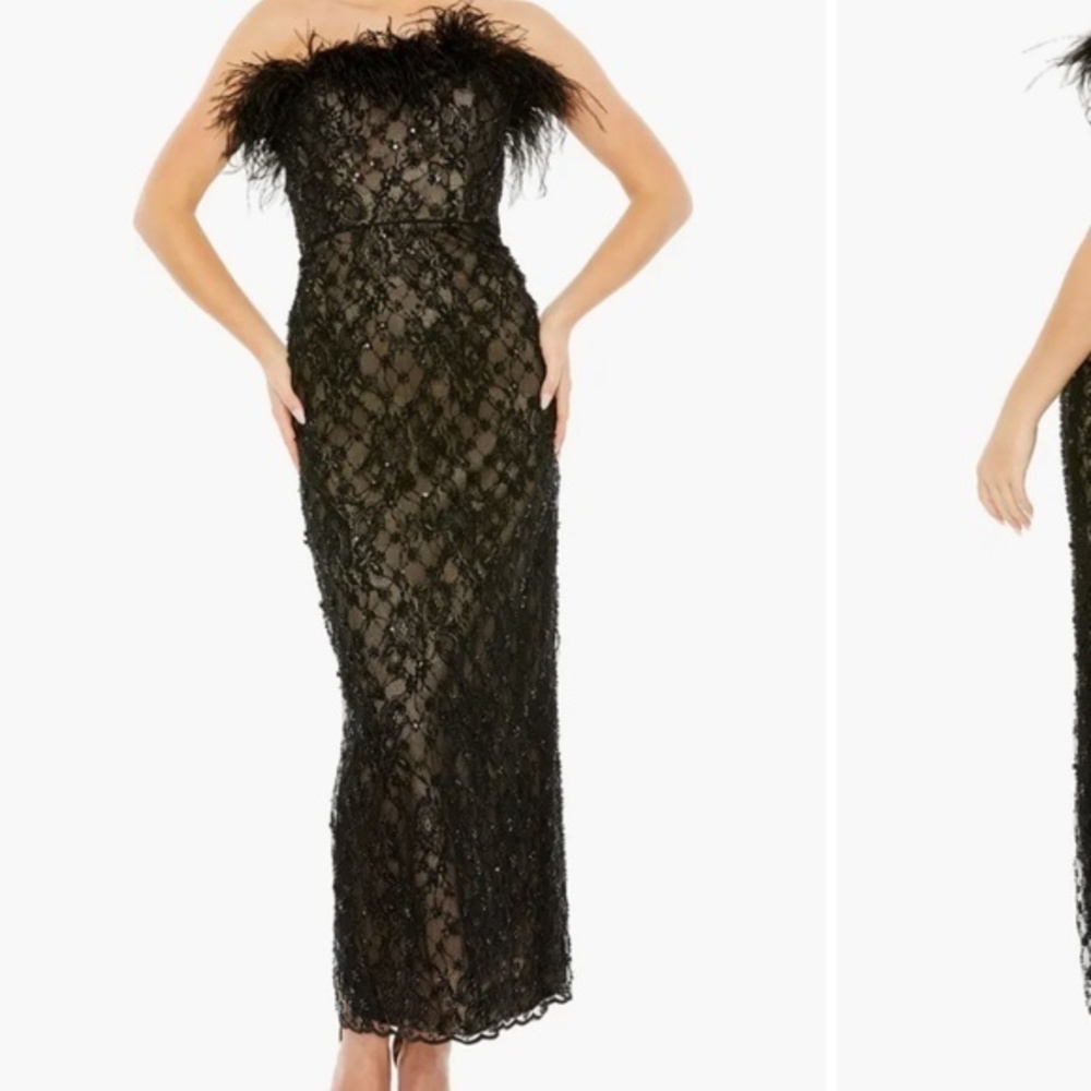 Mac Duggal Black Feather-Trim Lace Column Gown